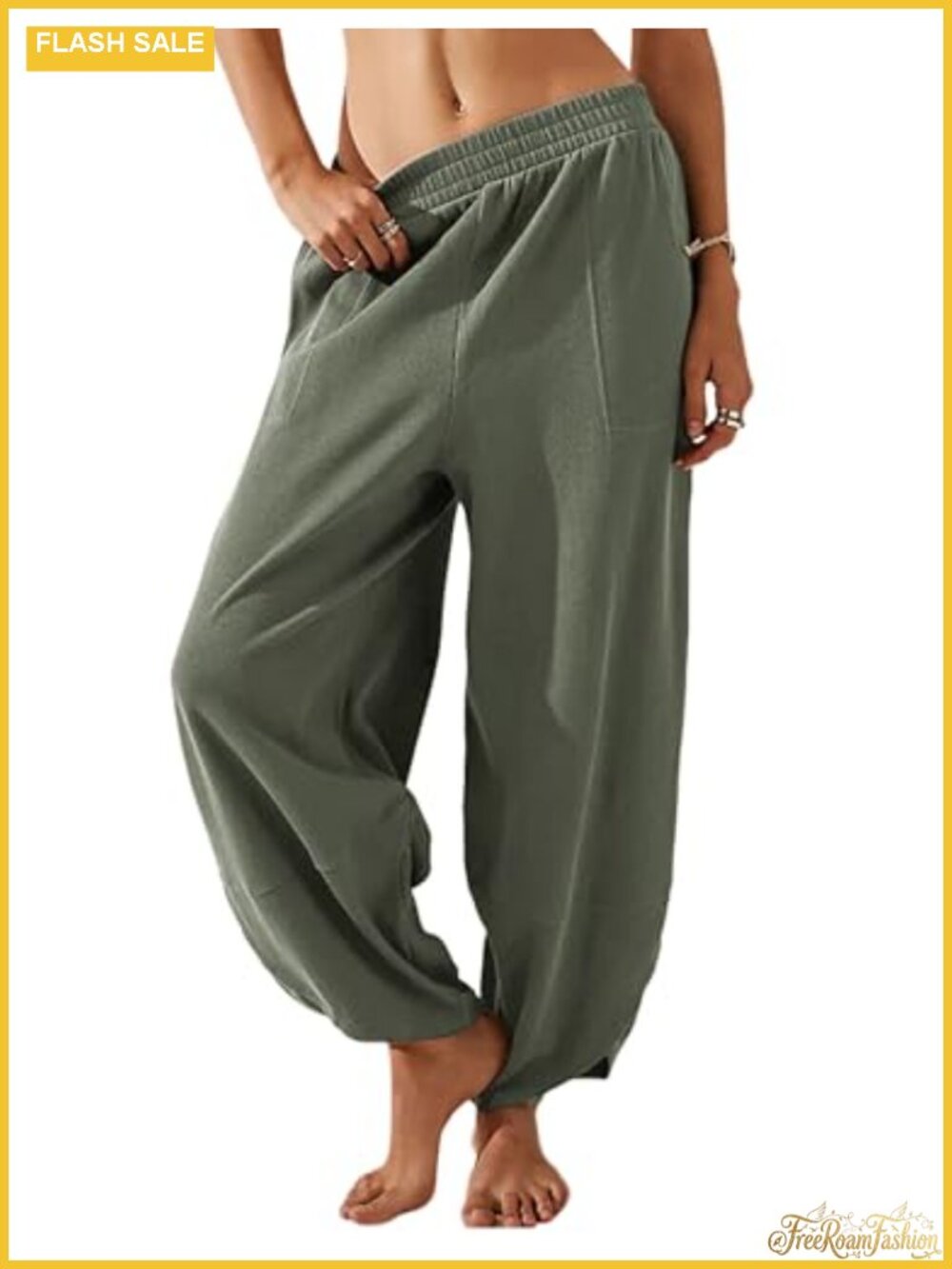 Womens Cotton Blend Wide Leg Pants Casual Loose Elastic Waist Palazzo Harem